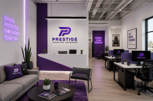 Prestige client lounge render with branded reception and workstations