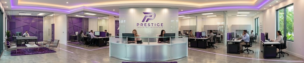 Panoramic render of the Prestige headquarters with curved reception desk and agent workstations