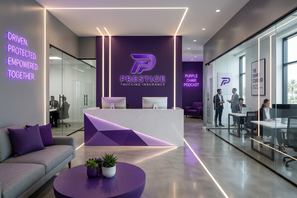 Prestige office lobby render with backlit P logo reception wall and glass offices
