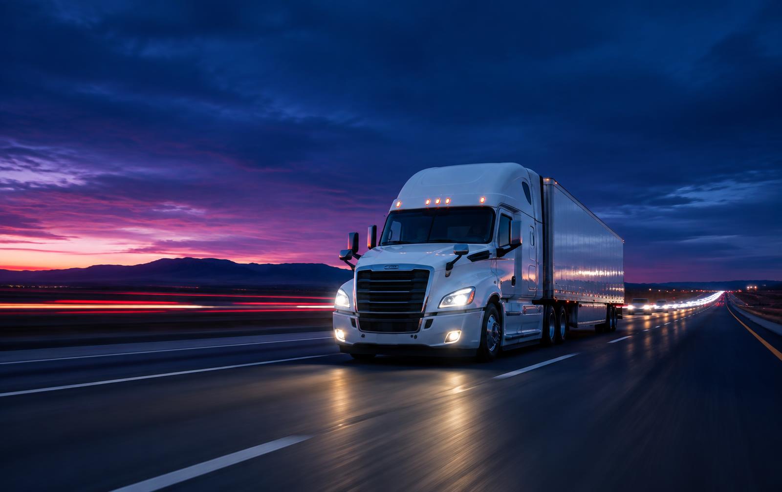 White semi truck on the highway at dusk